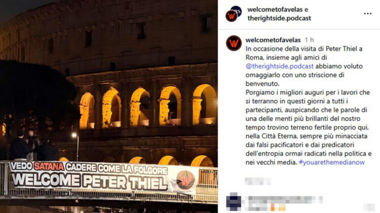 Peter Thiel a Roma, striscione al Colosseo ‘benvenuto’